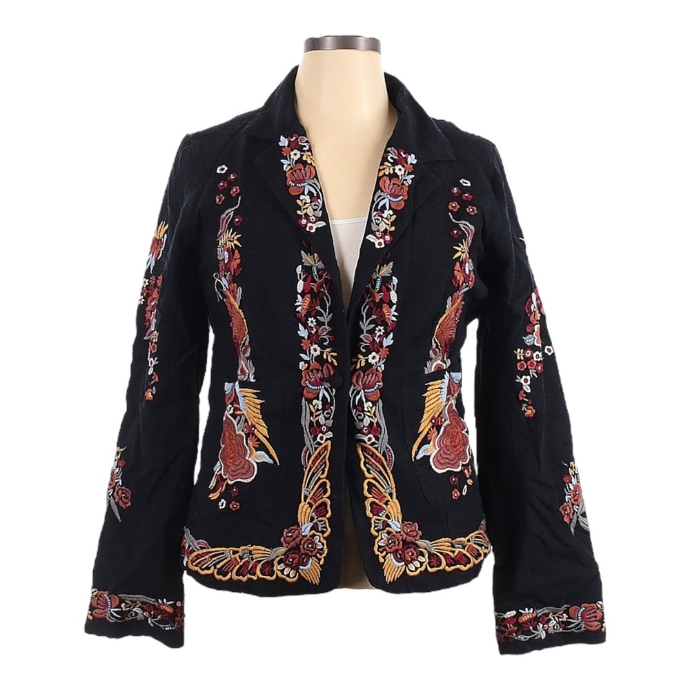 Maeve Black Embroidered Floral Blazer Jacket 14 Anthropologie